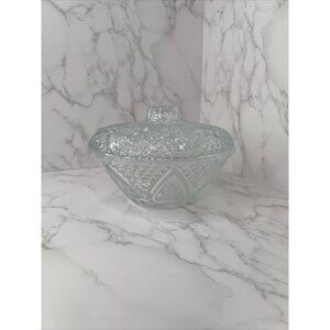 KIG Vintage Clear Fleur de Lis Pattern Cut Glass Round Dish With Lid